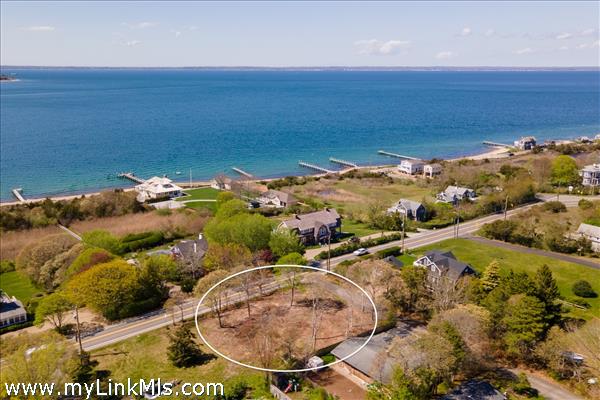 corner lot circle estimates lot area High drone view looking toward Vineyard sound