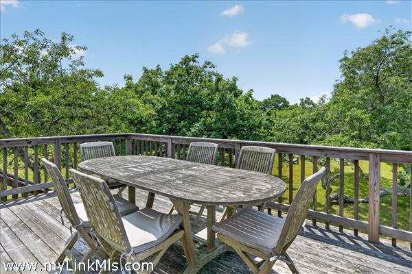 Elevated deck with stairs down to the yard.