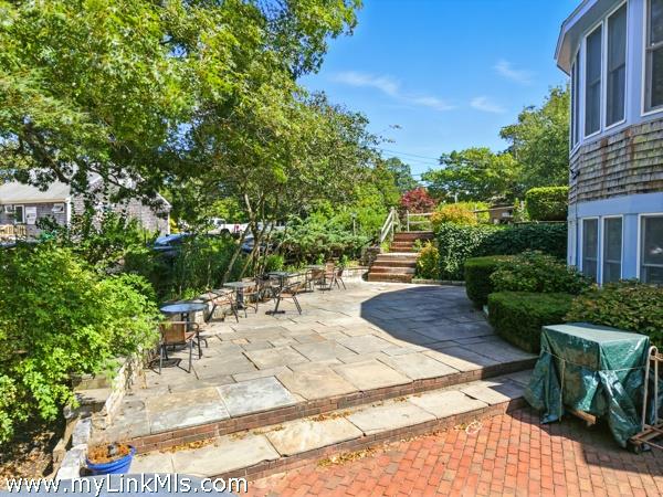 Dining patio steps from parking.