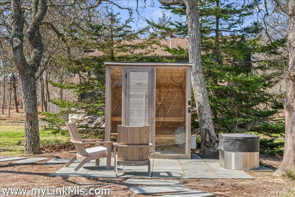 a compound is not complete with a spa - New PLUNGE brand sauna and cold plunge tub with bluestone patio and comfy chairs