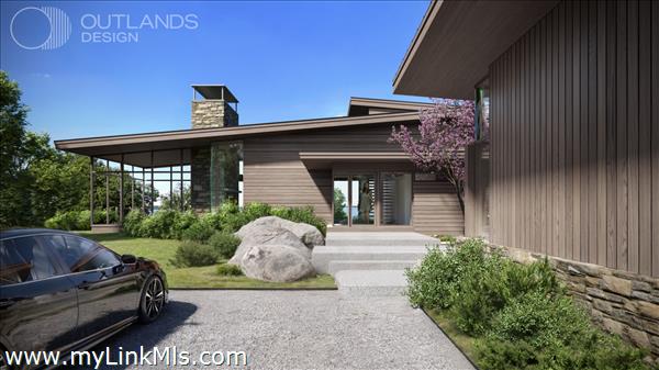 The formal front entrance offers water views as guests approach the home - as envisioned by the architectural rendering.