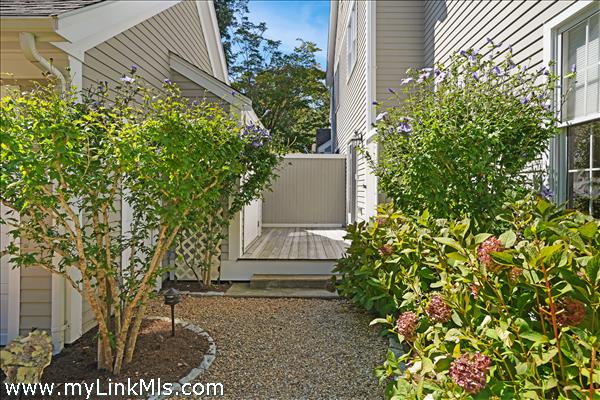 Walkway from driveway to side entrance, outdoor shower and storage shed