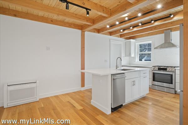 Open concept gourmet kitchen with island eatery, Quartz counters, custom millwork and lots of natural light.