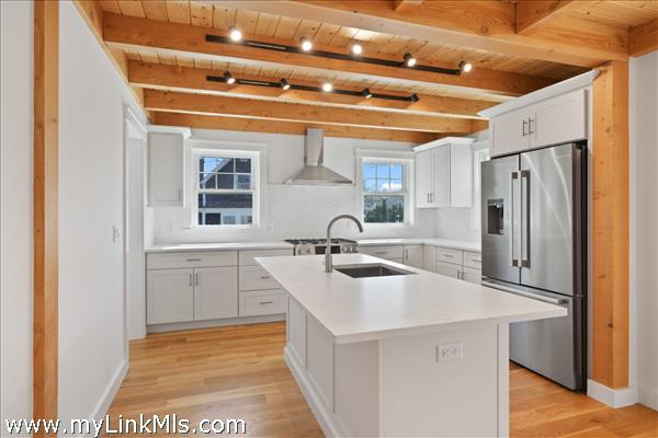 Open concept gourmet kitchen with island eatery, Quartz counters, custom millwork and lots of natural light.