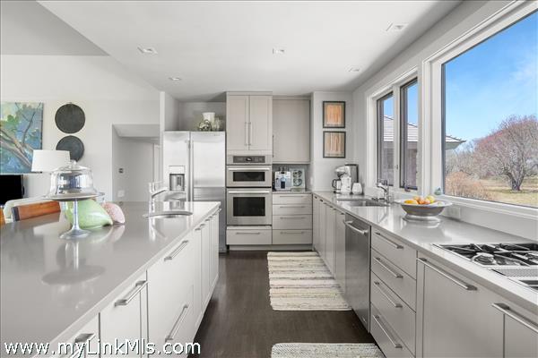 The renovated kitchen is modern and bright.