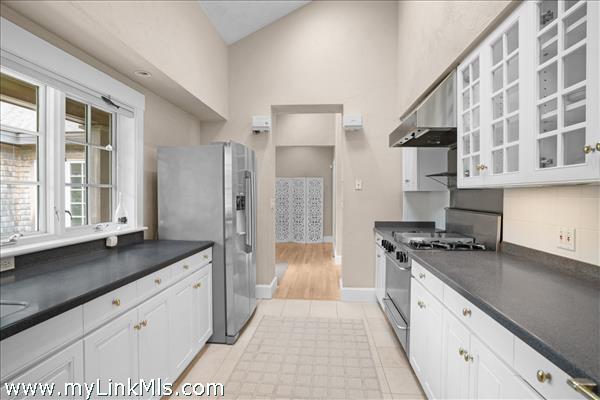 The bright, gallery-style kitchen features sleek countertops, premium stainless steel appliances, and impressive vaulted ceilings with a skylight that floods the space with natural light